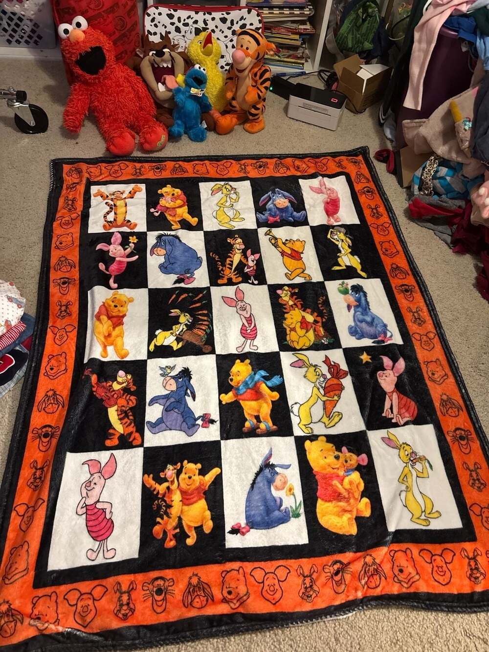 Disney Winnie the Pooh & Friends Checkerboard Fleece Throw Blanket Orange Border